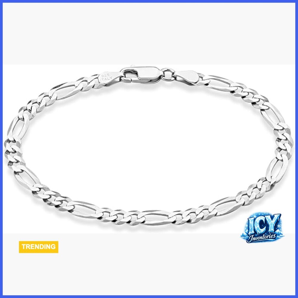 925 Sterling Silver Figaro Chain Bracelet 8 Inch Diamond Cut Links